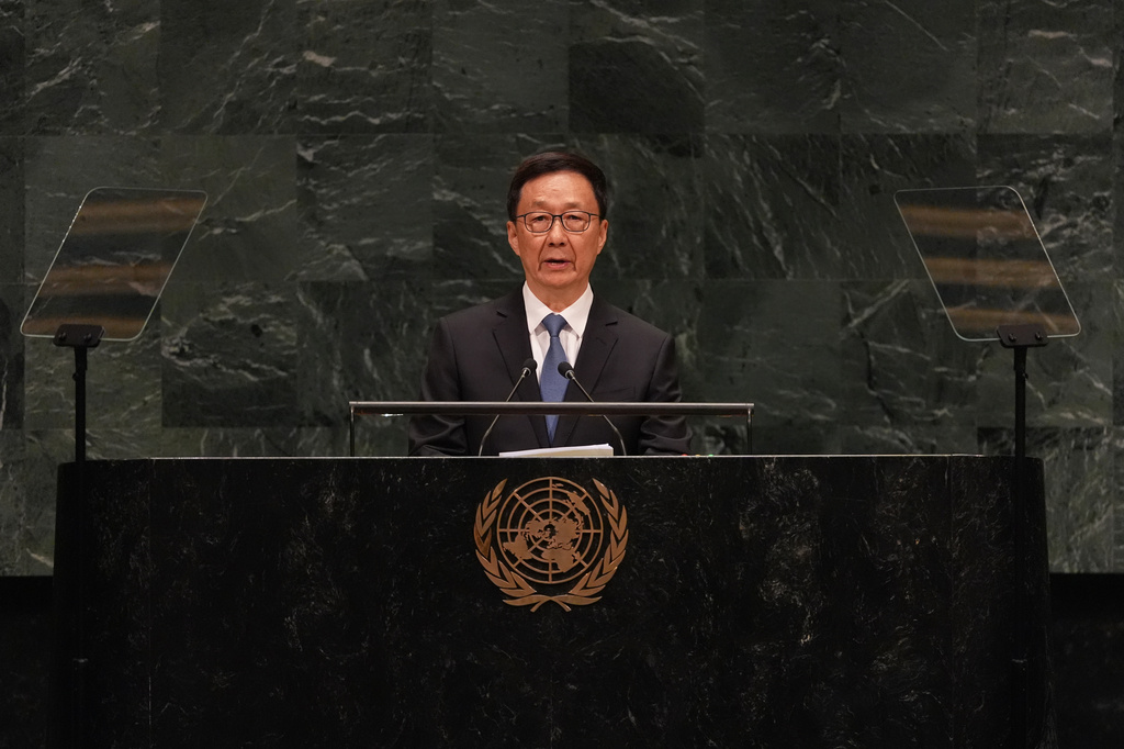 Chinese Vice President Han Zheng speaks during the 81st session of the United Nations General Assembly at United Nations headquarters, Saturday, Sept. 26, 2026. (AP Photo/Heather Khalifa)