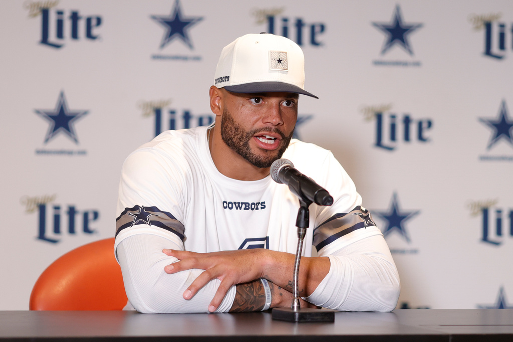 Dallas Cowboys quarterback Dak Prescott speaks during a practice for an NFL football game against the Baltimore Ravens in Rio de Janeiro, Friday, Sept. 25, 2026. (AP Photo/Lucas Figueiredo)