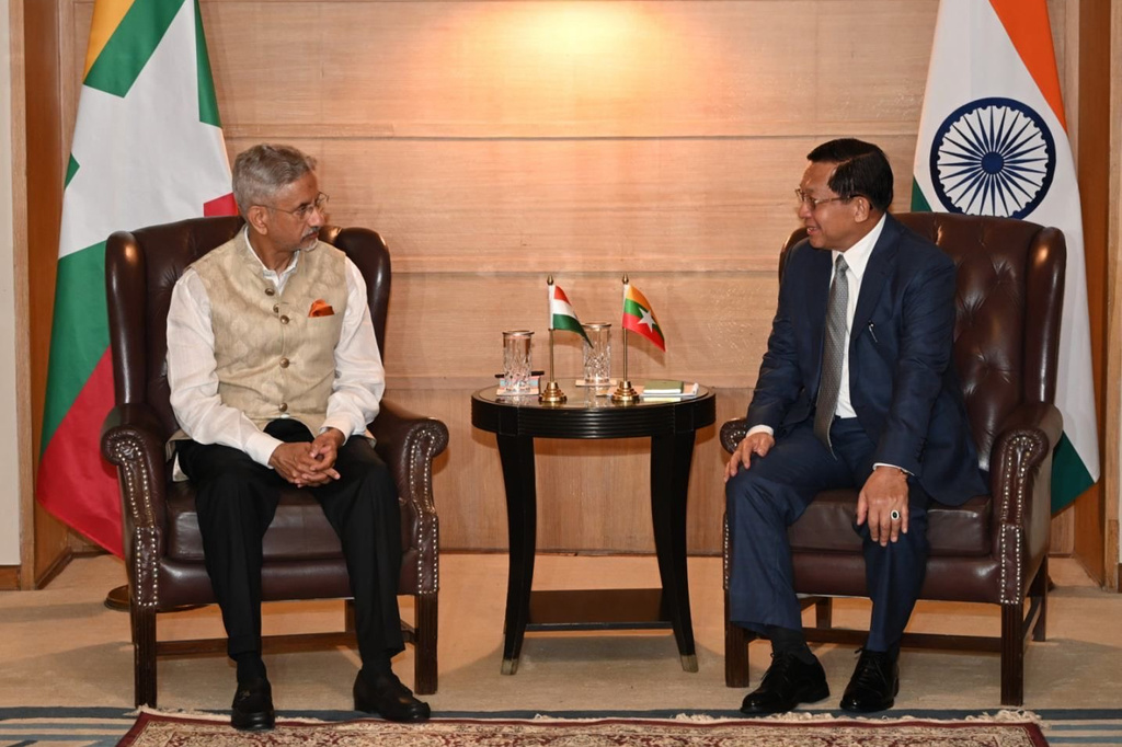 In this photo provided by Myanmar Military True News Information Team on Saturday, May 30, 2026, Myanmar President Min Aung Hlaing, right, talks with Indian External Affairs Minister Subrahmanyam Jaishankar, left, during their meeting in New Deli, India. (Myanmar Military True News Information Team via AP)
