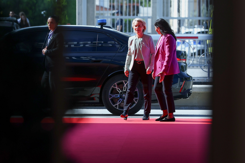 European Commission President Ursula von der Leyen, center, arrives for the EU Summit in Nicosia, Cyprus, Friday, April 24, 2026. (Yves Herman, Pool Photo via AP)