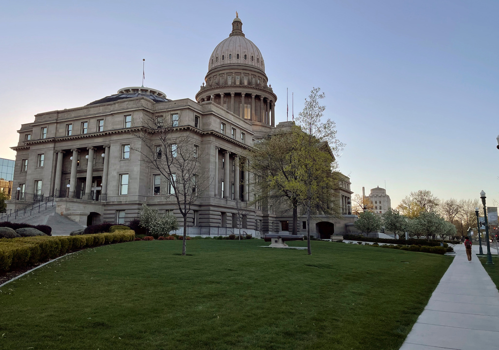 FILE - The Idaho Statehouse is seen at sunrise on April 20, 2021, in Boise, Idaho. (AP Photo/Keith Ridler, File)