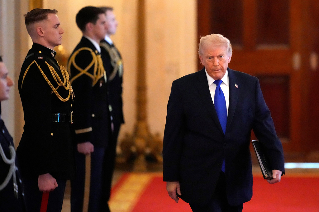 President Donald Trump arrives for an event to proclaim "Angel Family Day" in the East Room of the White House, Monday, Feb. 23, 2026, in Washington. (AP Photo/Alex Brandon)