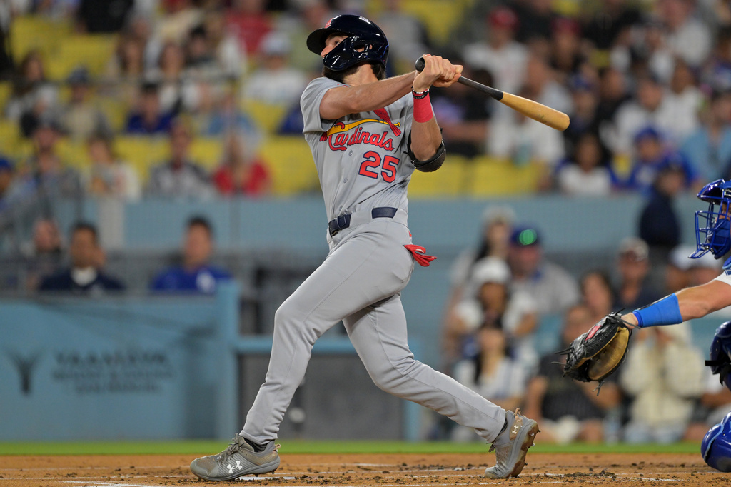 St. Louis Cardinals' Thomas Saggese hits a solo home run during the second inning of a baseball game against the Los Angeles Dodgers, Tuesday, Sept. 1, 2026, in Los Angeles. (AP Photo/Jayne Kamin-Oncea)