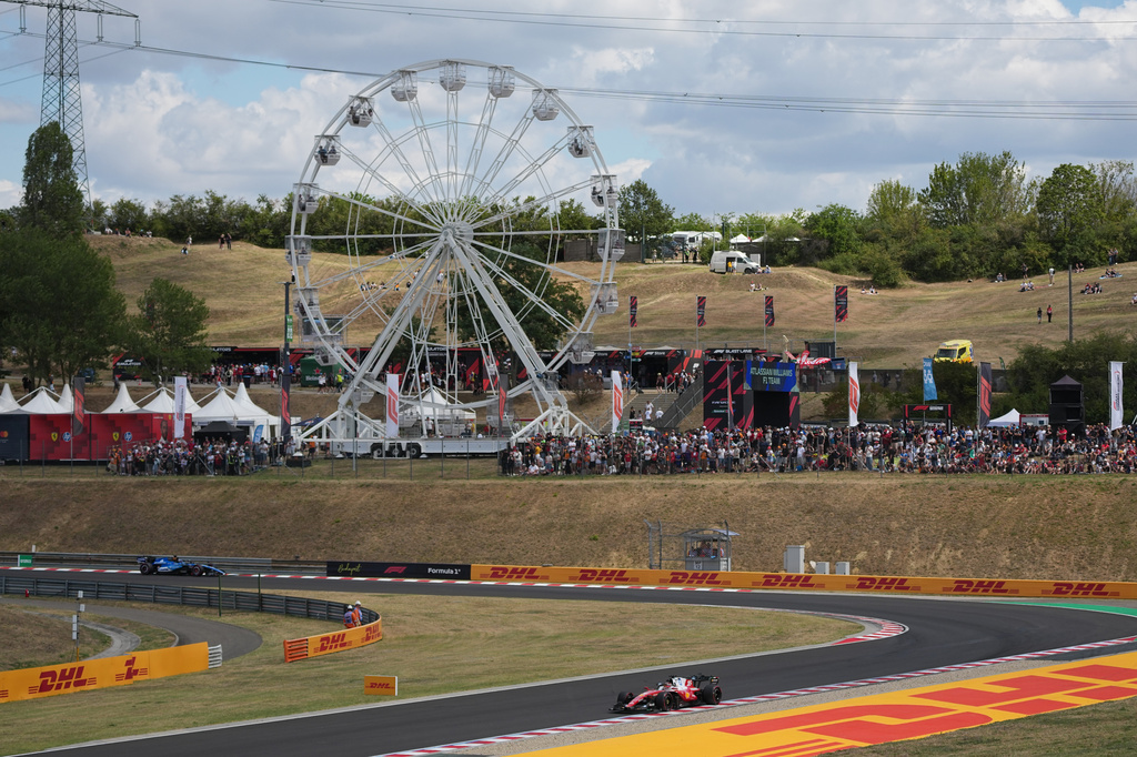 Monaco's Charles Leclerc steers his Ferrari during the first practice session ahead of Sunday's Formula One Hungarian Grand Prix auto race, at the Hungaroring racetrack in Mogyorod, near Budapest, Hungary, Friday, July 24, 2026. (AP Photo/Darko Vojinovic)