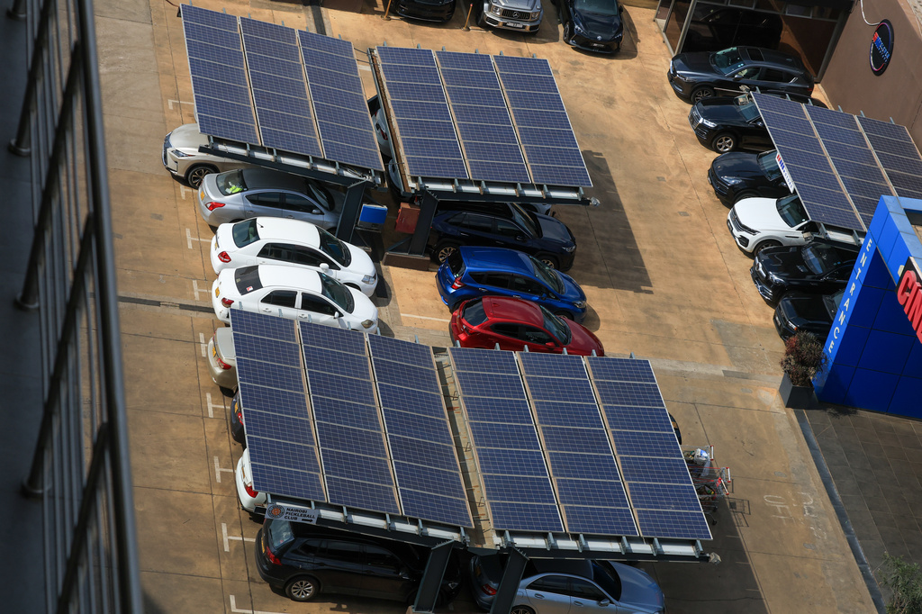 A solar power plant is seen at the car park of Two Rivers Complex in Nairobi, Kenya, Thursday, July 16, 2026. (AP Photo/Andrew Kasuku) CORRECTION: Corrects day to Thursday instead of Tuesday.