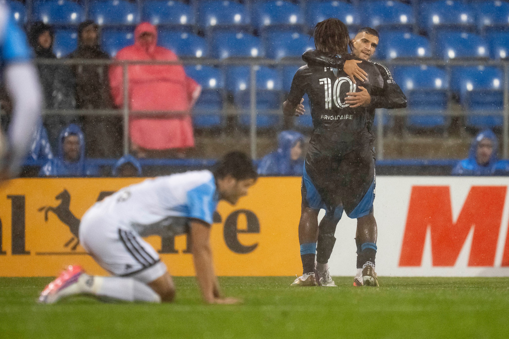 Charlotte FC's Liel Abada (back right) celebrates with teammate Allan Saint-Maximin (10) after scoring on CF Montreal during the first half of a MLS soccer game, in Montreal, Wednesday, Sept. 9, 2026. (Christopher Katsarov/The Canadian Press via AP)