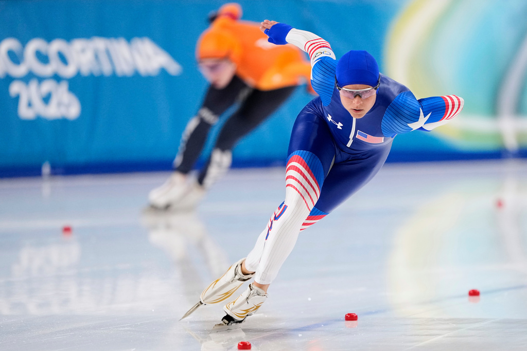 Brittany Bowe of the U.S. competes in the women's 1500 meters speedskating race at the 2026 Winter Olympics, in Milan, Italy, Friday, Feb. 20, 2026. (AP Photo/Ben Curtis)