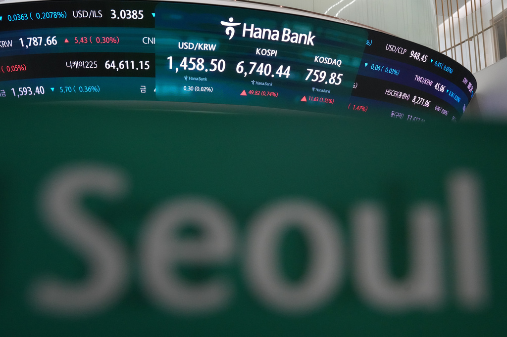 The screens show the Korea Composite Stock Price Index (KOSPI), the foreign exchange rate between U.S. dollar and South Korean won and the Korean Securities Dealers Automated Quotations (KOSDAQ) at a dealing room of Hana Bank in Seoul, South Korea, Monday, July 27, 2026. (AP Photo/Lee Jin-man)