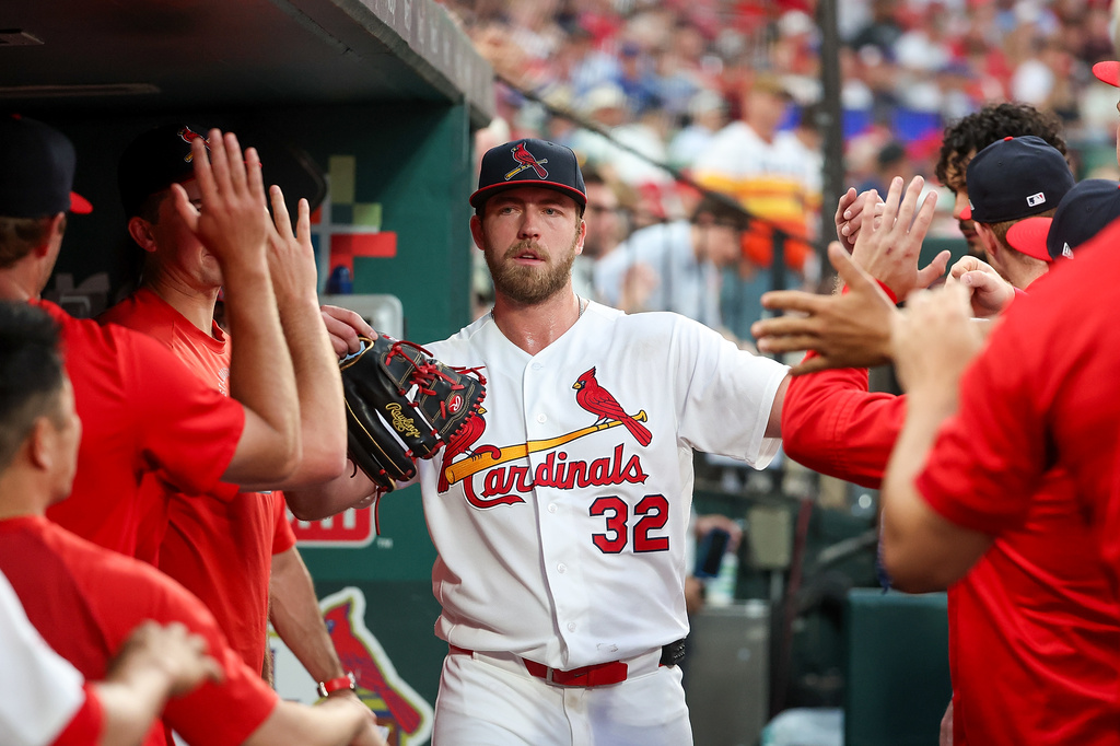 St. Louis Cardinals pitcher Matthew Liberatore is congratulated by teammates after being relieved from the mound during the sixth inning of a baseball game against the Chicago Cubs Sunday, May 31, 2026, in St. Louis. (AP Photo/Scott Kane)