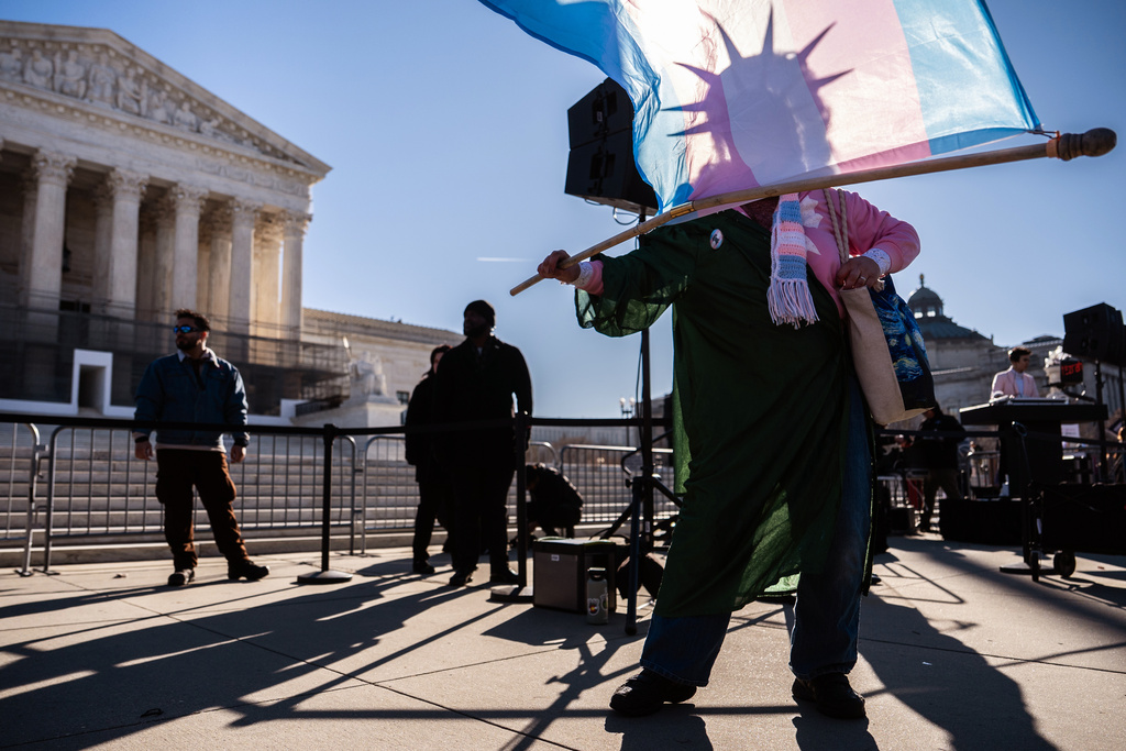 A protester dressed as the Statue of Liberty waves a transgender pride flag outside the Supreme Court as it hears arguments over state laws barring transgender girls and women from playing on school athletic teams, Tuesday, Jan. 13, 2026, in Washington. (AP Photo/Julia Demaree Nikhinson)