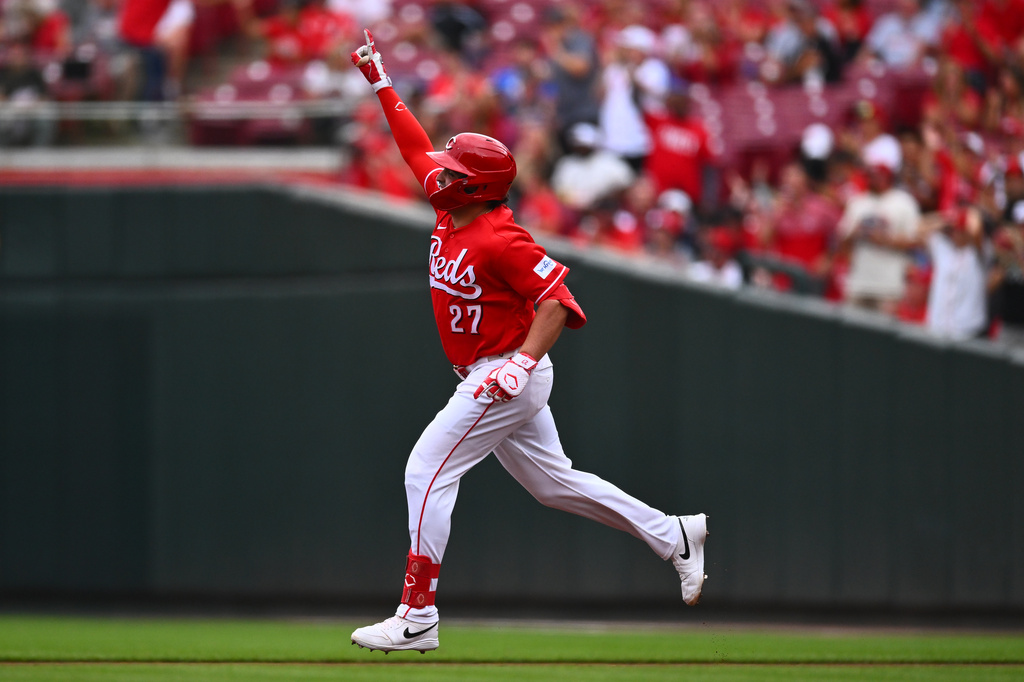 Cincinnati Reds' Sal Stewart runs the bases after hitting a three-run home run during the first inning of a baseball game against the New York Mets in Cincinnati, Tuesday, June 16, 2026. (AP Photo/Ben Jackson)