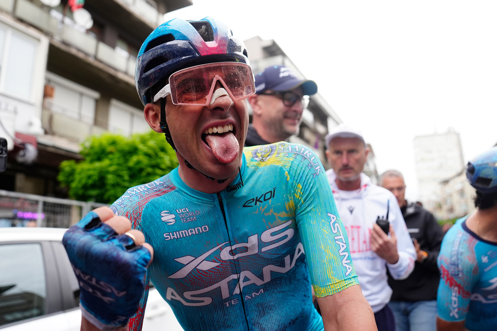 Uruguay's Guillermo Thomas Silva Coussan celebrates after winning the second stage of the Giro d'Italia cycling race, from Burgas to Veliko Tarnovo, Bulgaria, Saturday, May 9, 2026. (Fabio Ferrari/LaPresse via AP)