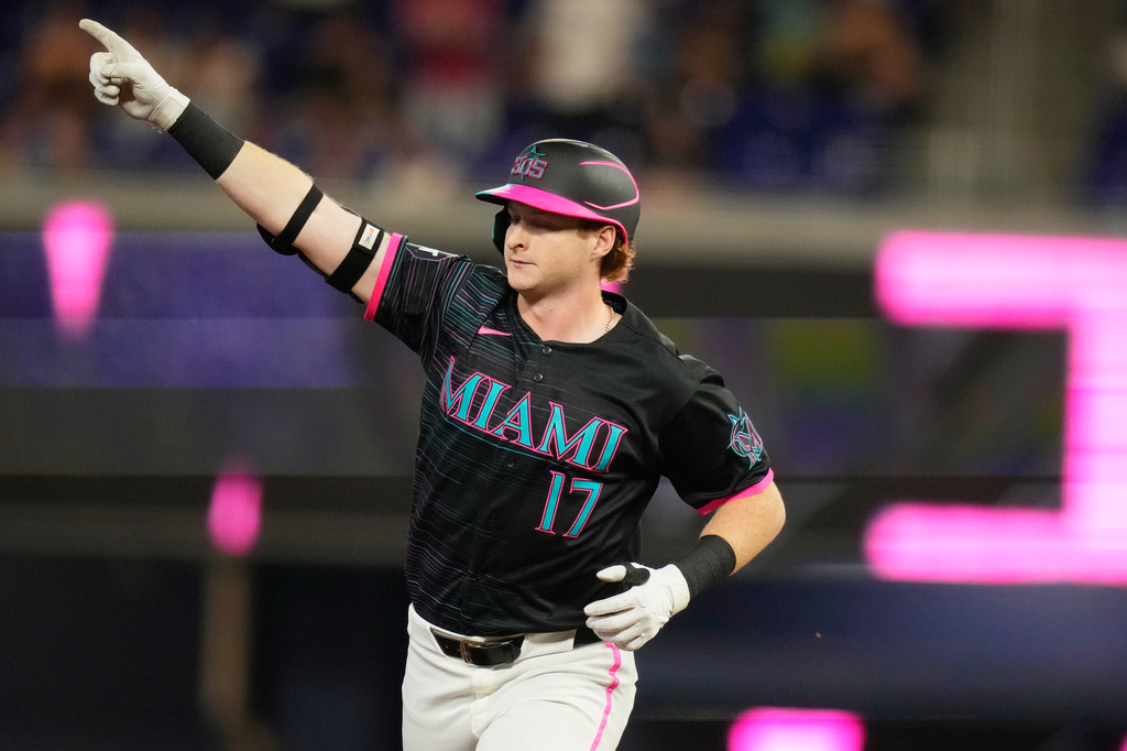 Miami Marlins' Owen Caissie runs the bases after hitting a solo home run during the first inning of a baseball game against the San Francisco Giants, Friday, June 19, 2026, in Miami. (AP Photo/Lynne Sladky)