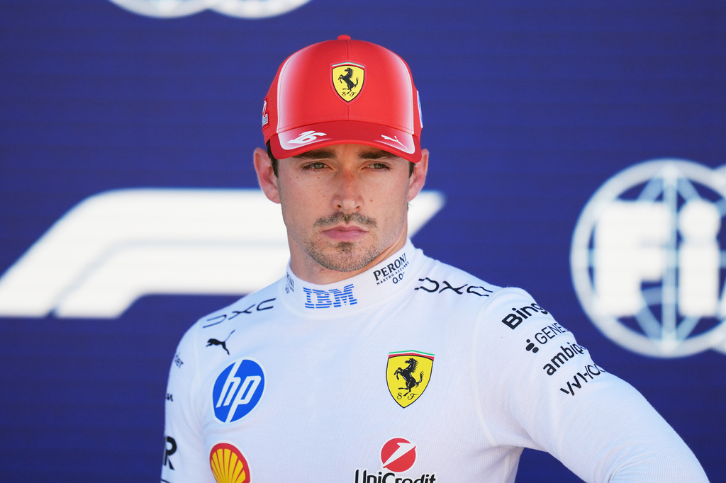 Ferrari driver Arthur Leclerc of Monaco reacts after a qualifying session for the Miami Formula One Grand Prix auto race, Saturday, May 2, 2026, in Miami Gardens, Fla. (AP Photo/Rebecca Blackwell)