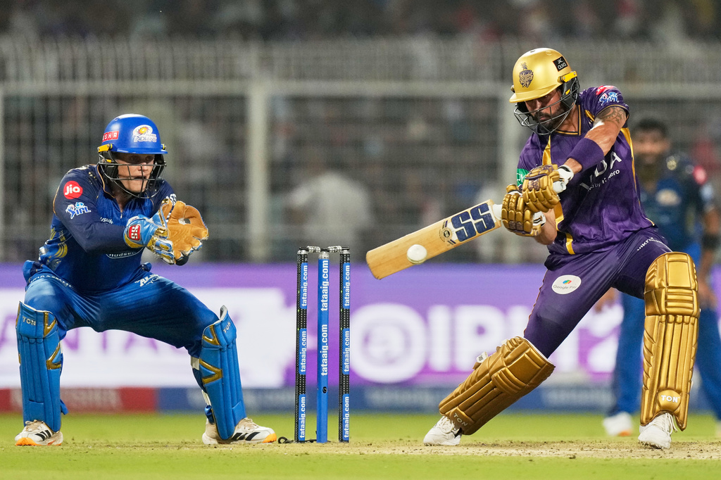 Kolkata Knight Riders' Manish Pandey plays a shot during the Indian Premier League cricket match between Kolkata Knight Riders and Mumbai Indians, in Kolkata , India, Wednesday, May 20, 2026. (AP Photo/Bikas Das)
