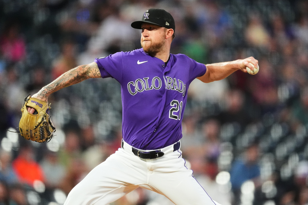 Colorado Rockies starting pitcher Kyle Freeland works against the Arizona Diamondbacks in the first inning of a baseball game Tuesday, Sept. 22, 2026, in Denver. (AP Photo/David Zalubowski)