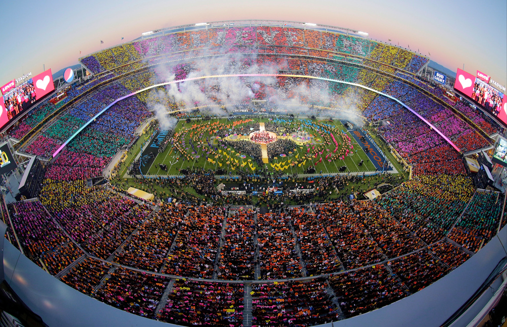 FILE - This aerial view shows the halftime performance featuring Beyoncé, Coldplay singer Chris Martin and Bruno Mars during Super Bowl 50 in Santa Clara, Calif., on Feb. 7, 2016. (AP Photo/Morry Gash, File)