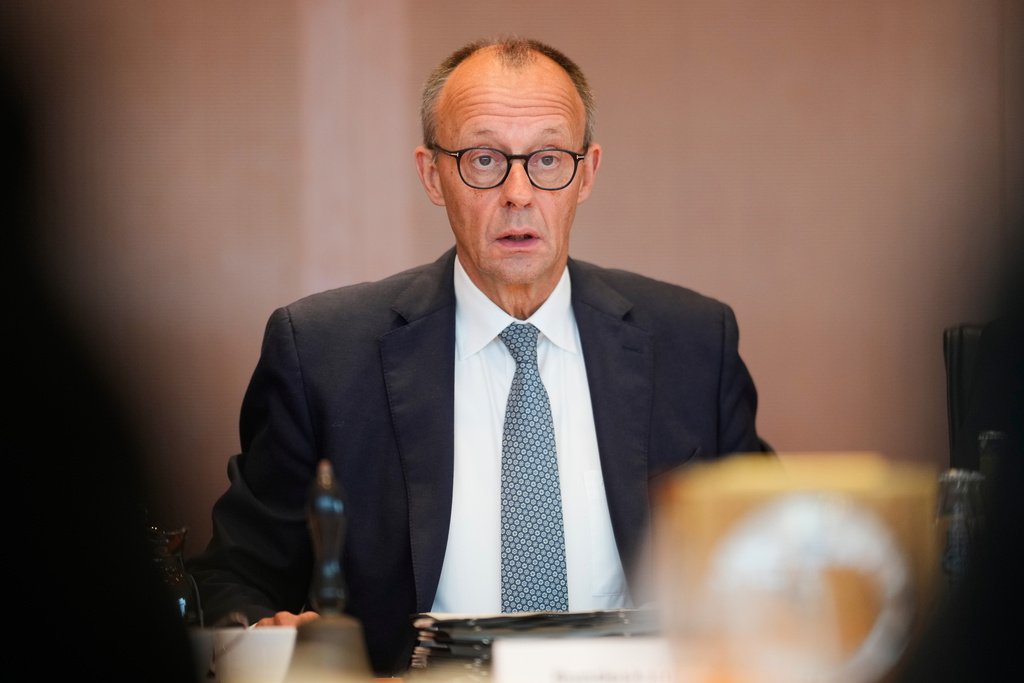 German Chancellor Friedrich Merz attends the cabinet meeting at the chancellery in Berlin, Germany, Wednesday, Oct. 8, 2025. (AP Photo/Markus Schreiber)