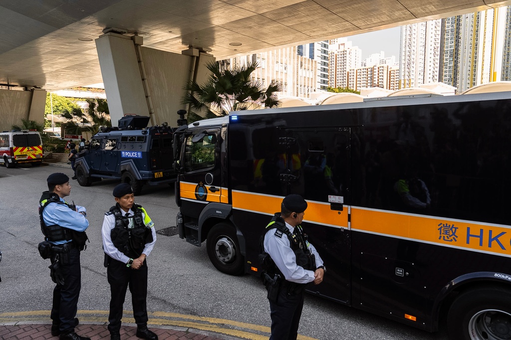 A Correctional Services Department vehicle believed to be prepared to carry Jimmy Lai leaves the West Kowloon Magistrates' Courts following the verdict for Hong Kong activist publisher Jimmy Lai's national security trial in Hong Kong, Monday, Dec. 15, 2025. (AP Photo/Chan Long Hei)