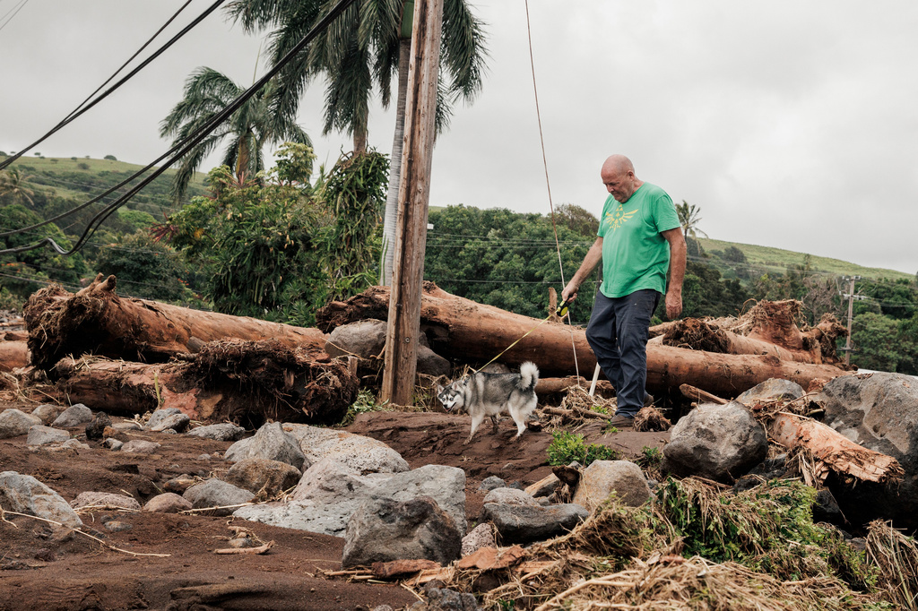 Joe Kennedy walks his dog, Cosmo, near the damaged Punalu'u Bake Shop, where his son works, after Hurricane Lala in Naalehu, Hawaii, Monday, Aug. 17, 2026. (Stephen Lam/San Francisco Chronicle via AP)