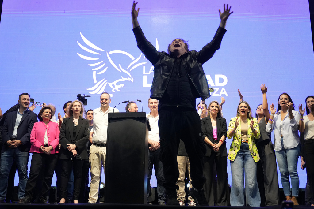 President Javier Milei addresses supporters at a rally for his party's candidates ahead of the upcoming midterm elections, in Rosario, Argentina, Thursday, Oct. 23, 2025. (AP Photo/Rodrigo Abd)
