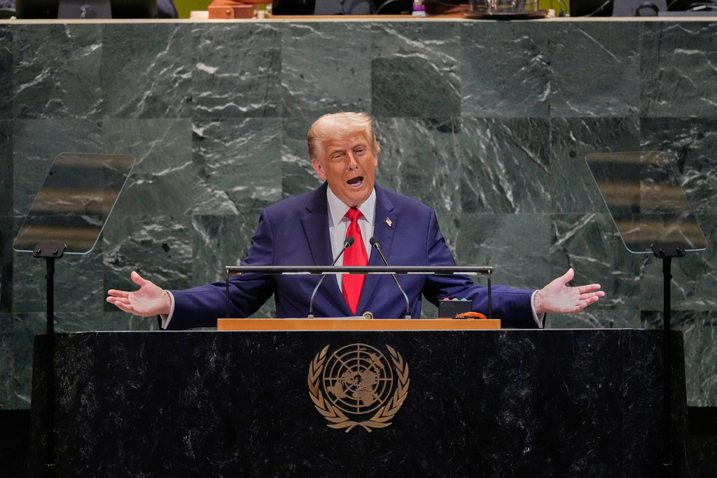 U.S. President Donald Trump addresses the 80th session of the United Nations General Assembly, Tuesday, Sept. 23, 2025. (AP Photo/Richard Drew)