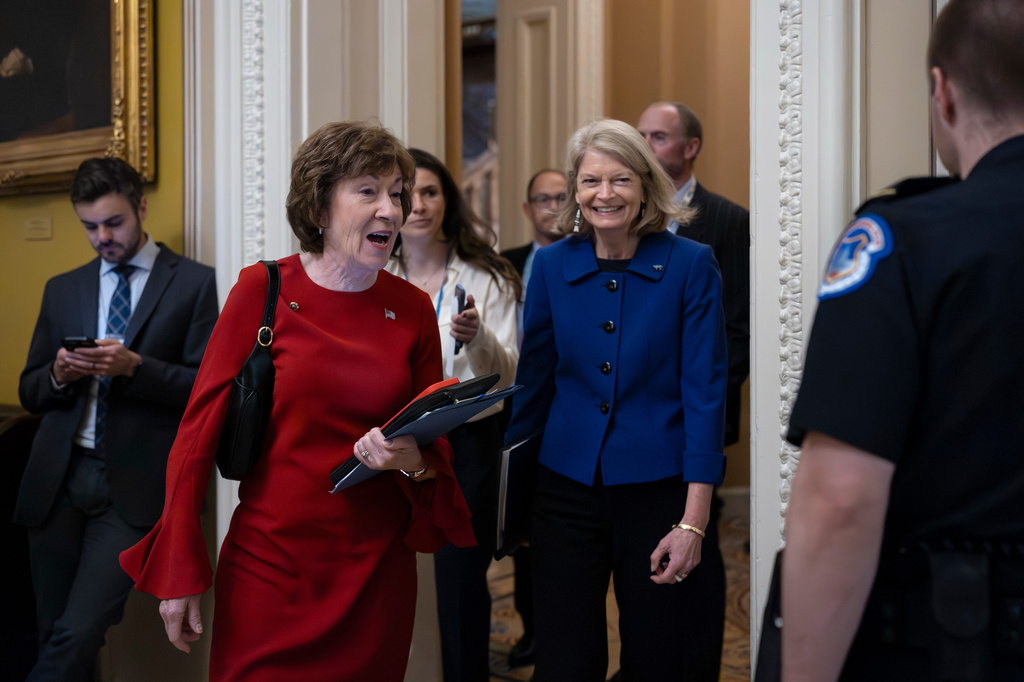 Senate Appropriations Committee Chair Susan Collins, R-Maine, left, and Sen. Lisa Murkowski, R-Alaska, arrive for a closed-door meeting with fellow Republican senators at the Capitol in Washington, Thursday, May 21, 2026. (AP Photo/J. Scott Applewhite)