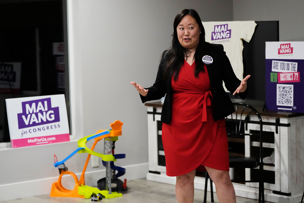 FILE - Mai Vang speaks to people at a campaign fundraiser, Jan. 21, 2026, in Sacramento, Calif. (AP Photo/Godofredo A. Vásquez, File)