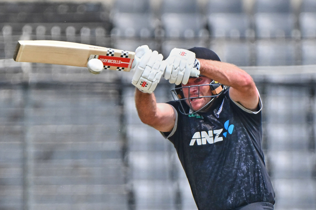 New Zealand's Dean Foxcroft plays a shot during the first one day international cricket match between Bangladesh and New Zealand in Mirpur, Bangladesh, Friday, April 17, 2026. (AP Photo/Mosaraf Hossain)