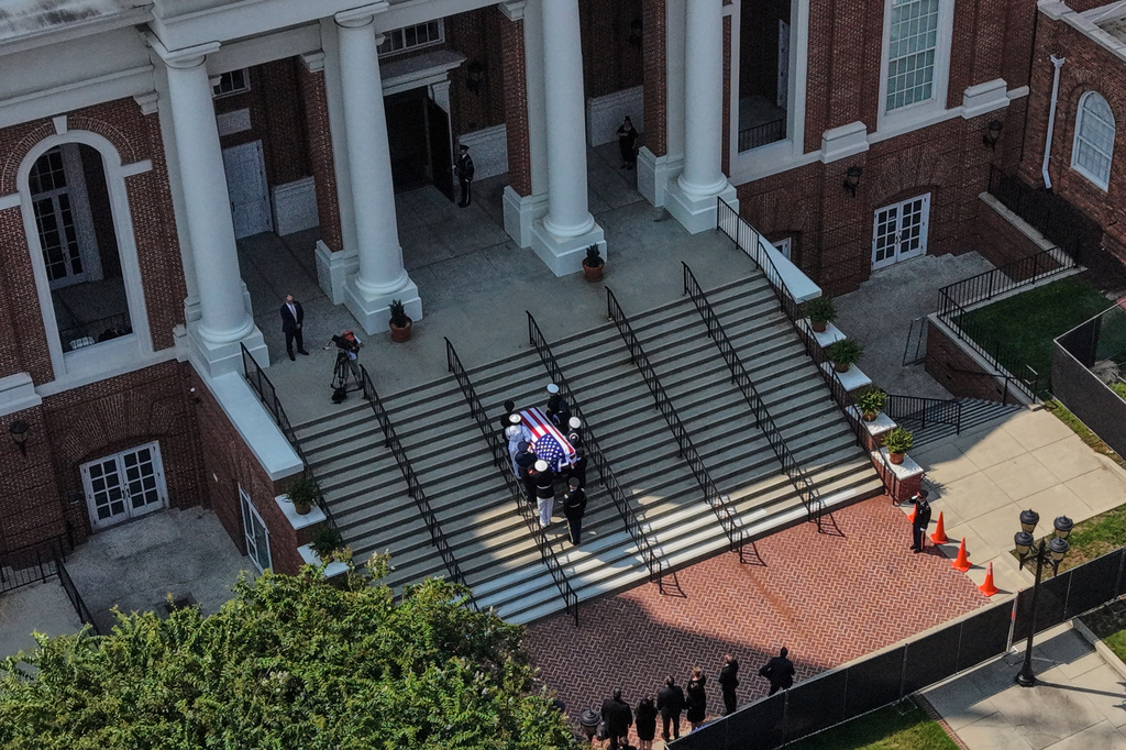 The casket of the late Sen. Lindsey Graham, R-S.C., is carried into First Baptist Church in Columbia, S.C., for a funeral service, Wednesday, July 29, 2026. (AP Photo/Gerald Herbert)
