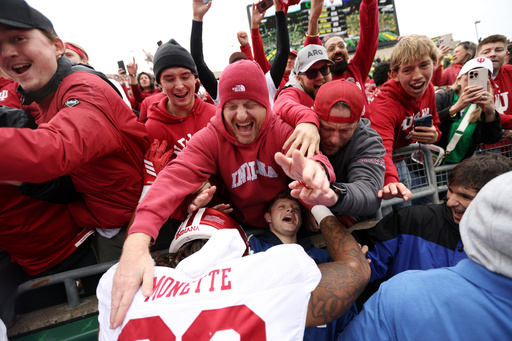 Indiana defensive lineman J'Mari Monnette, bottom,) celebrates after an NCAA college football game against Oregon, Saturday, Oct. 11, 2025, in Eugene, Ore. (AP Photo/Lydia Ely) Indiana defensive lineman J'Mari Monnette, bottom,) celebrates after an NCAA college football game against Oregon, Saturday, Oct. 11, 2025, in Eugene, Ore. (AP Photo/Lydia Ely)