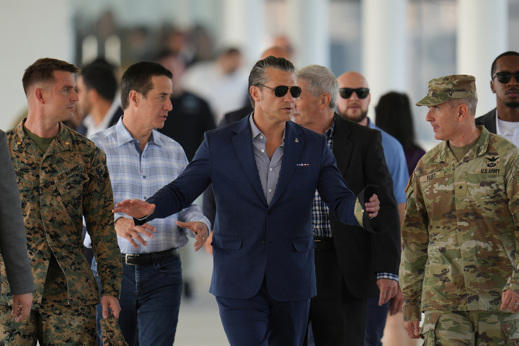 U.S. Defense Secretary Pete Hegseth arrives to observe a U.S.-sponsored multinational military exercise in Panama City, Thursday, Aug. 13, 2026. (AP Photo/Matias Delacroix)