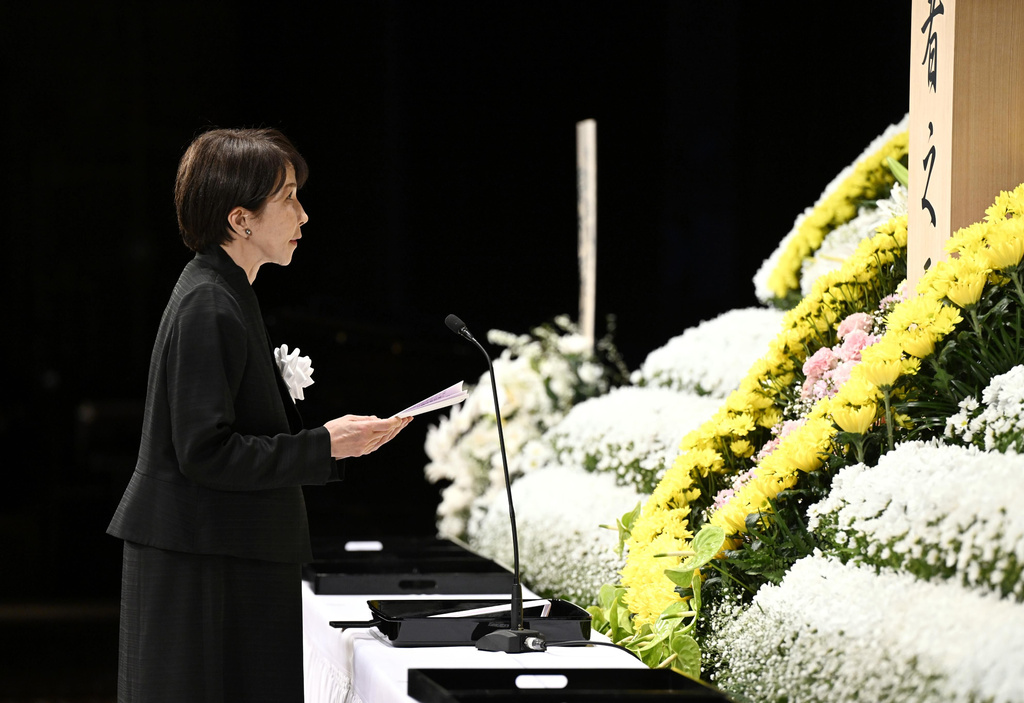 Japan's Prime Minister Sanae Takaichi attends a ceremony in Fukushima, northern Japan Wednesday, March 11, 2026, as the country marked the 15th anniversary of the massive earquake, tsunami and nuclear disaster. (Japan Pool/Kyodo News via AP)