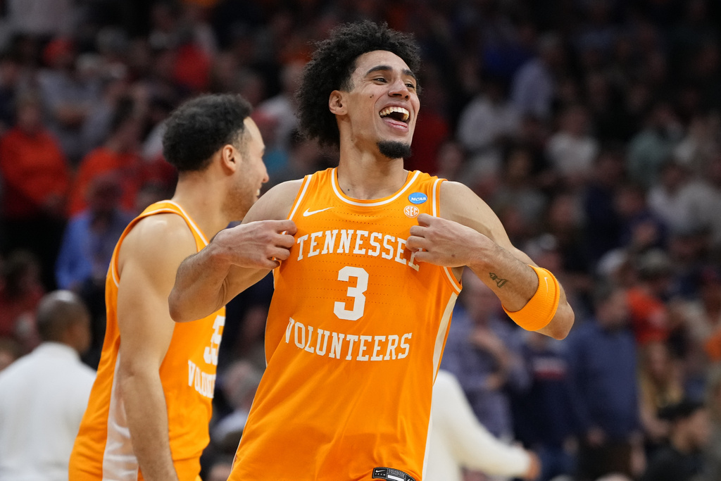Tennessee's Bishop Boswell celebrates after Tennessee beat Virginia in the second round of the NCAA college basketball tournament, Sunday, March 22, 2026, in Philadelphia. (AP Photo/Matt Slocum)