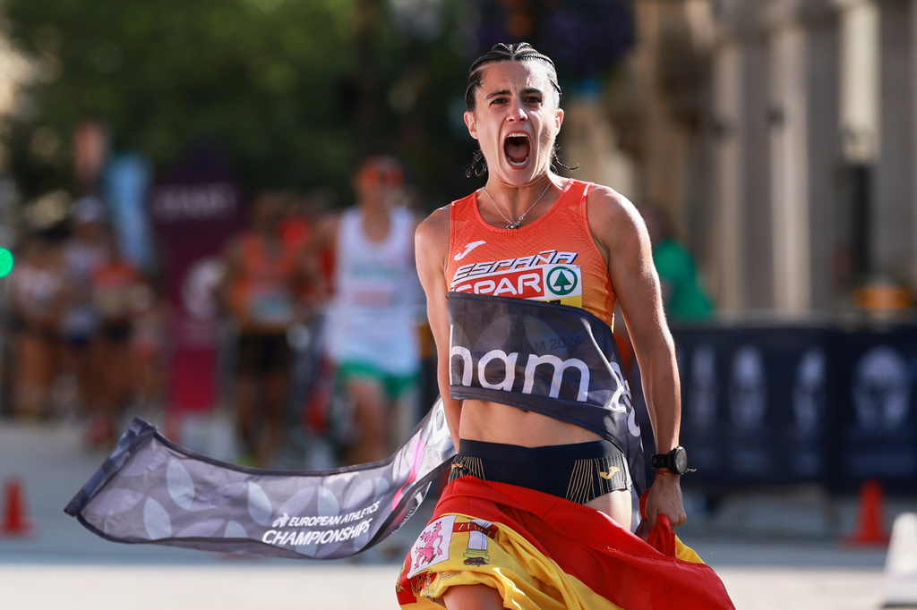 Spain's Maria Perez wins the women's half marathon walk at the European Athletics Championships in Birmingham, England, Saturday, Aug. 15, 2026. (AP Photo/Morgan Harlow)