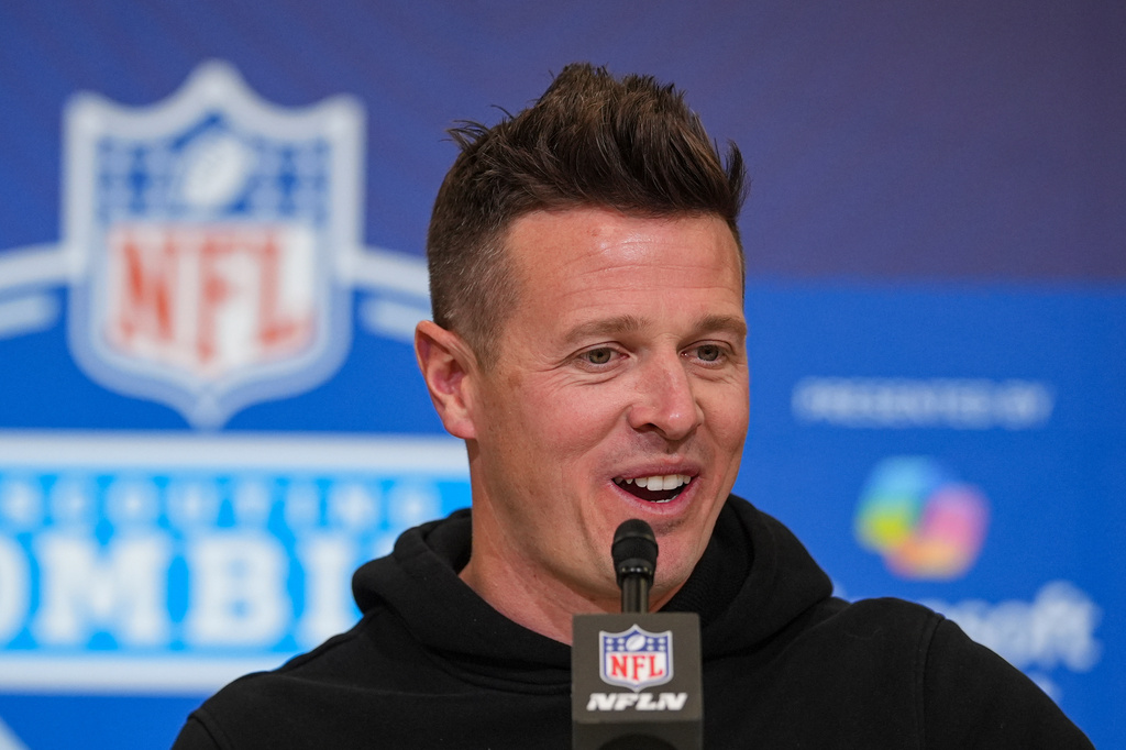 FILE - Arizona Cardinals head coach Mike LaFleur speaks during a press conference at the NFL football scouting combine in Indianapolis, Tuesday, Feb. 24, 2026. (AP Photo/Michael Conroy, File)