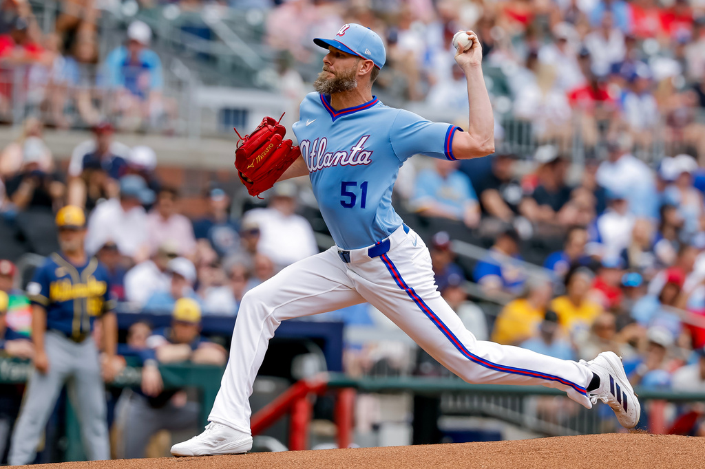 Atlanta Braves pitcher Chris Sale delivers to a Milwaukee Brewers batter during the first inning of a baseball game, Saturday, June 20, 2026, in Atlanta. (AP Photo/Erik S. Lesser)