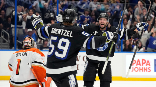 Tampa Bay Lightning right wing Nikita Kucherov, right, celebrates with center Jake Guentzel after picking up an assist for his 1,000th career point on a goal by center Brayden Point on Anaheim Ducks goaltender Lukas Dostal (1) during the second period of an NHL hockey game Saturday, Oct. 25, 2025, in Tampa, Fla. (AP Photo/Chris O'Meara) Tampa Bay Lightning right wing Nikita Kucherov, right, celebrates with center Jake Guentzel after picking up an assist for his 1,000th career point on a goal by center Brayden Point on Anaheim Ducks goaltender Lukas Dostal (1) during the second period of an NHL hockey game Saturday, Oct. 25, 2025, in Tampa, Fla. (AP Photo/Chris O'Meara)