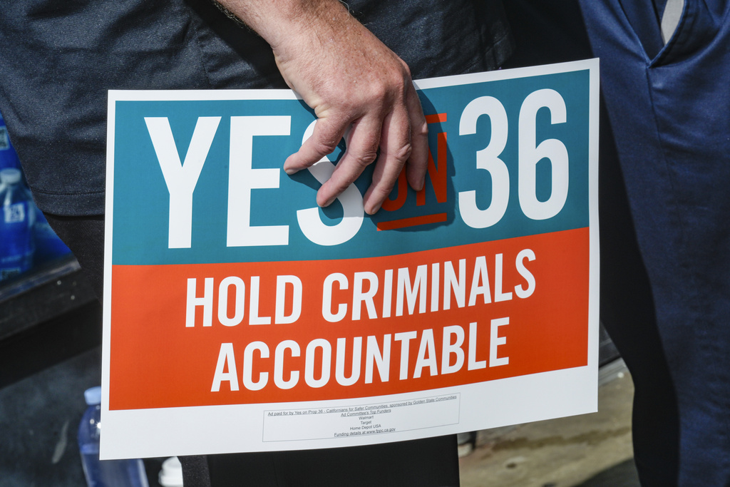 FILE - 7-Eleven leadership and franchisees support the Yes on Prop 36 campaign outside the 7-Eleven that was robbed by about 50 juveniles in late September in Los Angeles during a news conference, Thursday, Oct. 10, 2024. (AP Photo/Damian Dovarganes,File)