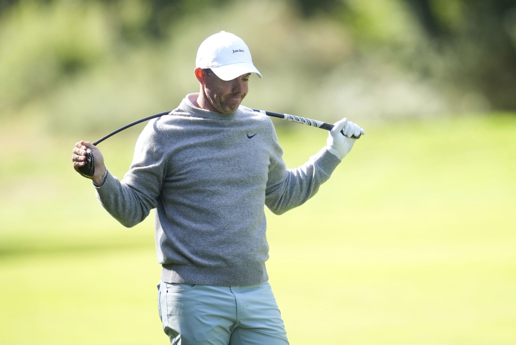 Rory McIlroy reacts during the third round of the BMW PGA Championship golf tournament, Saturday, Sept. 13, 2025, at Wentworth Golf Club in Virginia Water, England. (Adam Davy/PA via AP)