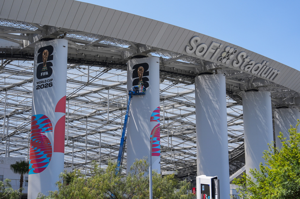 FIFA World Cup 2026 signage is displayed at SoFi Stadium in Inglewood, Calif., Monday, June 1, 2026. (AP Photo/Jae C. Hong)