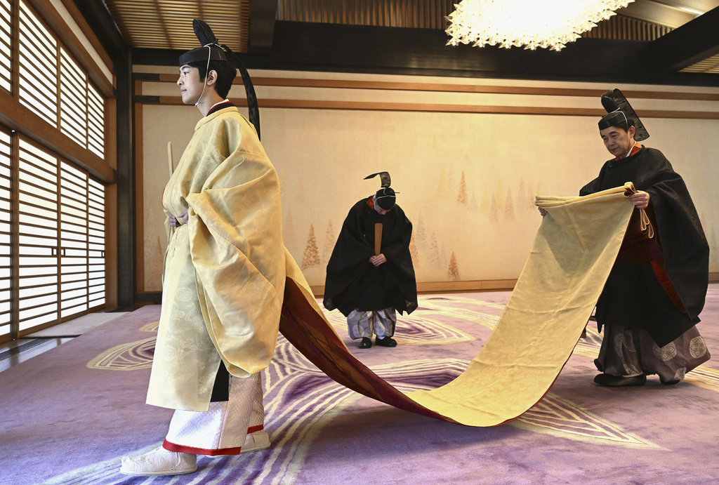 Japanese Prince Hisahito is seen in ceremonial attire during his coming-of-age rites in the Imperial Palace on his 19th birthday in Tokyo on Saturday, Sept. 6, 2025. (Kyodo News via AP)