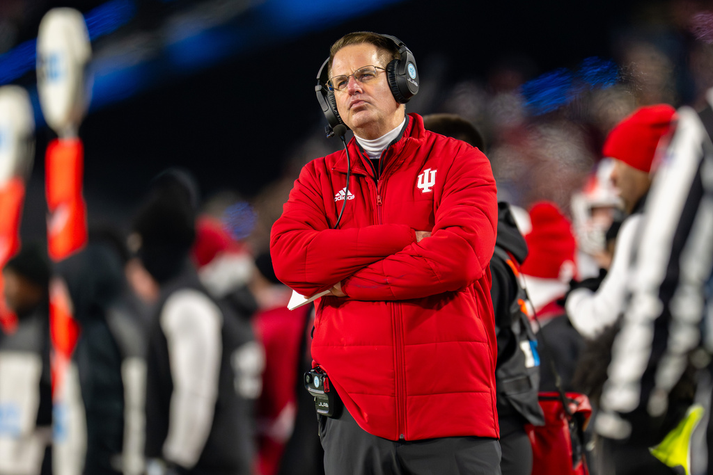 Indiana head coach Curt Cignetti looks on during the first half of an NCAA college football game against Purdue, Friday, Nov. 28, 2025, in West Lafayette, Ind. (AP Photo/Doug McSchooler)