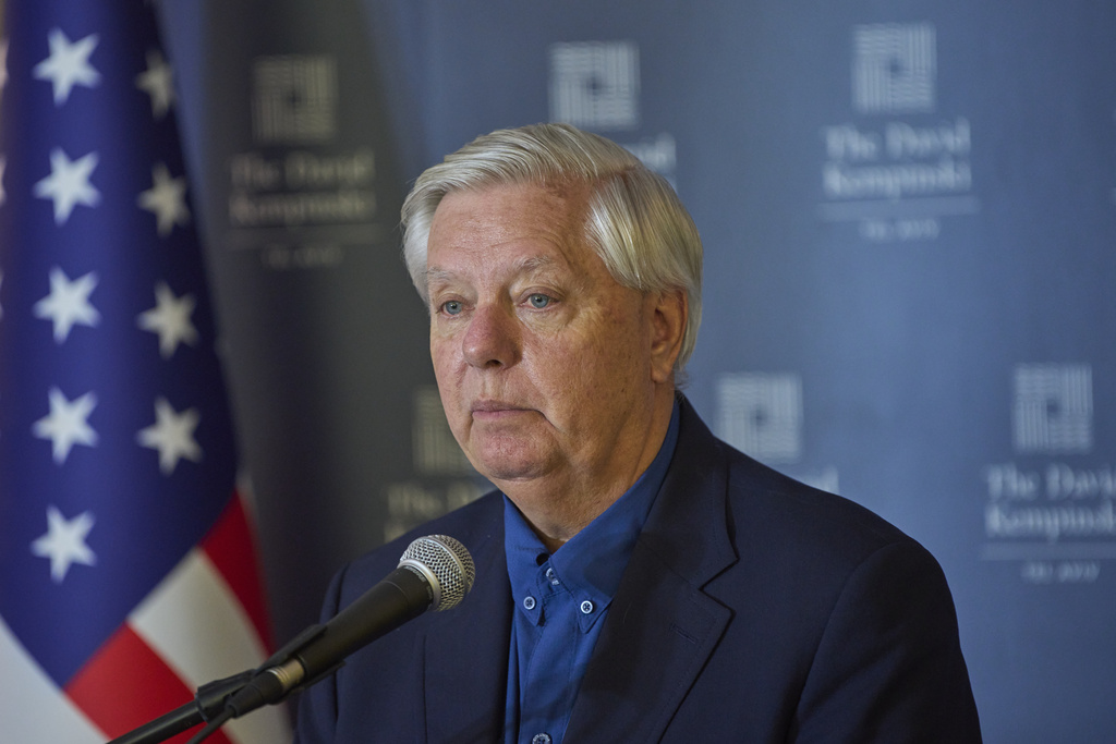 U.S. Senator Lindsey Graham, speaks at a press conference in Tel Aviv, Israel, Thursday, Aug. 28, 2025. (AP Photo/Ohad Zwigenberg)