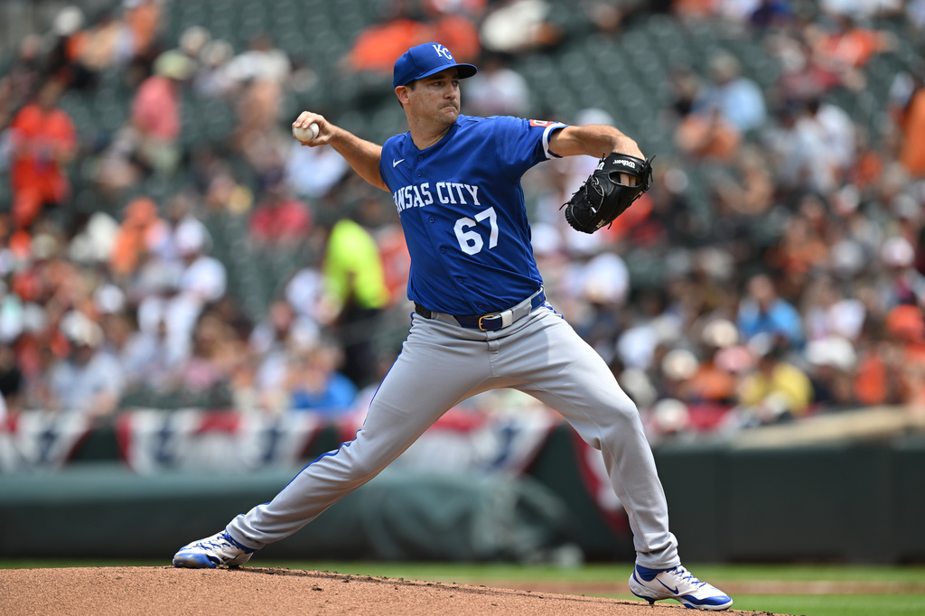 Kansas City Royals pitcher Seth Lugo throws against the Baltimore Orioles in the first inning of a baseball game Sunday, July 12, 2026, in Baltimore. (AP Photo/Gail Burton)
