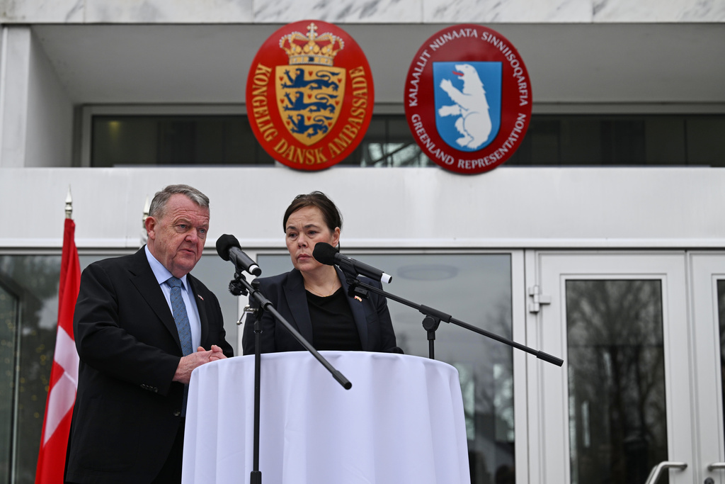 Denmark's Foreign Minister Lars Løkke Rasmussen and Greenland's Foreign Minister Vivian Motzfeldt speak at a news conference at the Embassy of Denmark, Wednesday, Jan. 14, 2026, in Washington. (AP Photo/John McDonnell)