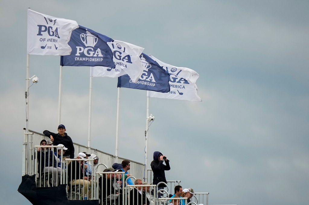 Fans watch on the seventh hole during the second round of the PGA Championship golf tournament at Aronimink Golf Club, Friday, May 15, 2026, in Newtown Square, PA. (AP Photo/Frank Franklin II)