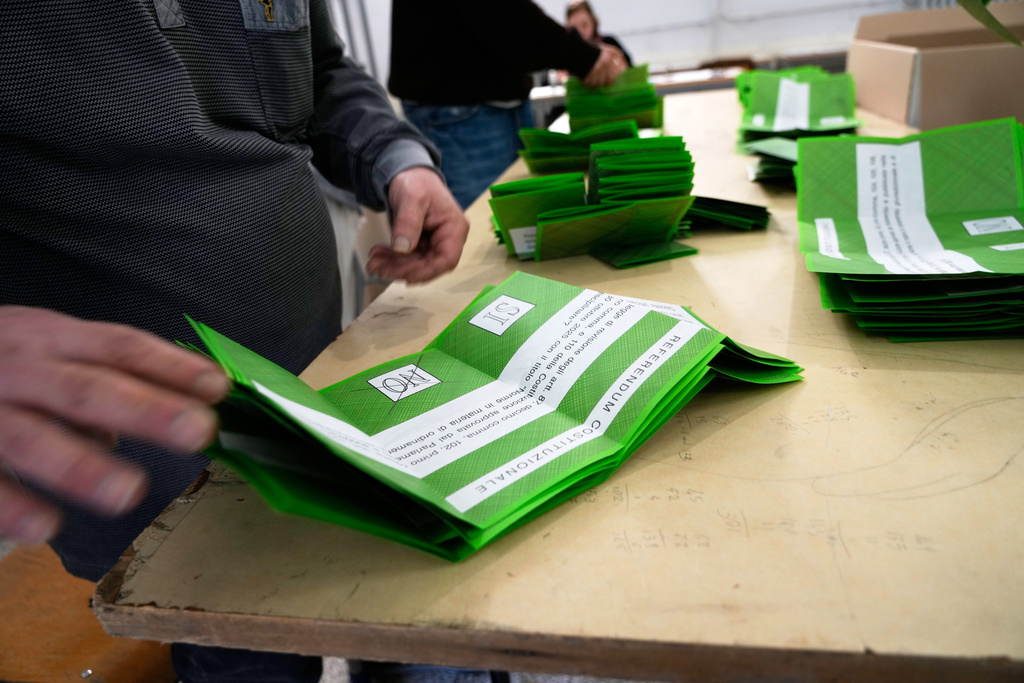 Ballots are counted at a polling station at the end of the vote for a referendum on judicial reform in Rome, Monday, March 23, 2026. (AP Photo/Gregorio Borgia)