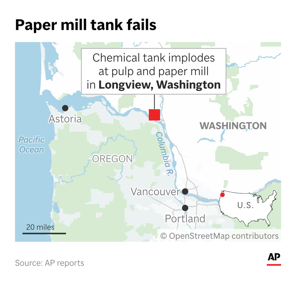 A tank containing a chemical brew imploded Tuesday at a southwestern Washington State pulp and paper mill. (AP Digital Embed)