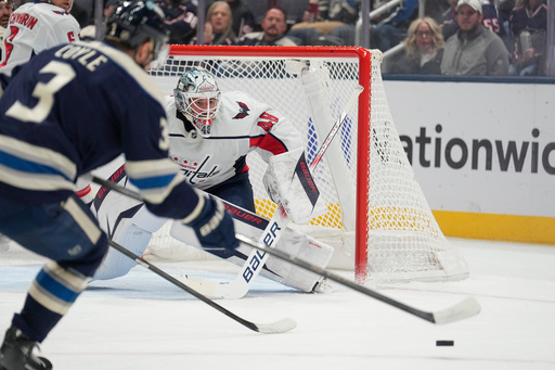 Columbus Blue Jackets center Charlie Coyle (3) skates in for a rebound in front of Washington Capitals goaltender Logan Thompson, right, in the first period of an NHL hockey game Friday, Oct. 24, 2025, in Columbus, Ohio. (AP Photo/Sue Ogrocki) Columbus Blue Jackets center Charlie Coyle (3) skates in for a rebound in front of Washington Capitals goaltender Logan Thompson, right, in the first period of an NHL hockey game Friday, Oct. 24, 2025, in Columbus, Ohio. (AP Photo/Sue Ogrocki)